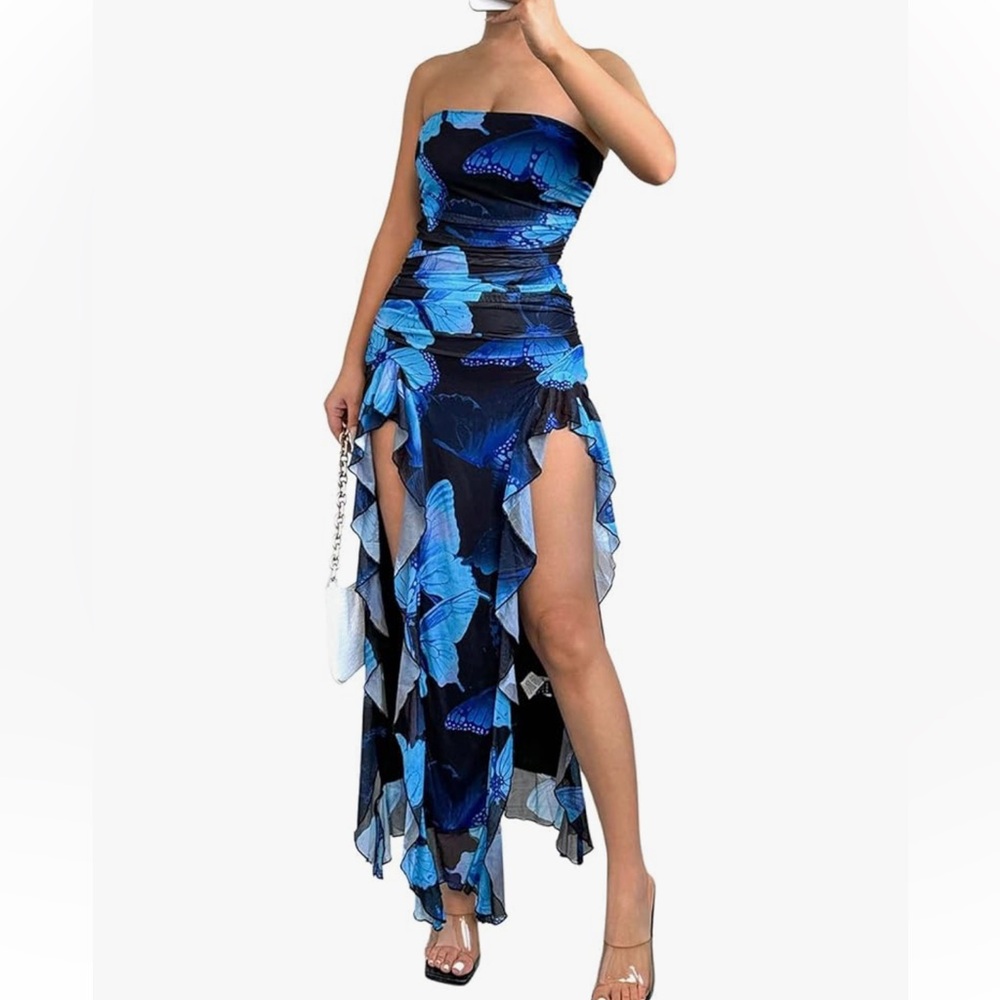 NWT WDIRARA Women's Butterfly Print Asymmetrical Bodycon Maxi Dress